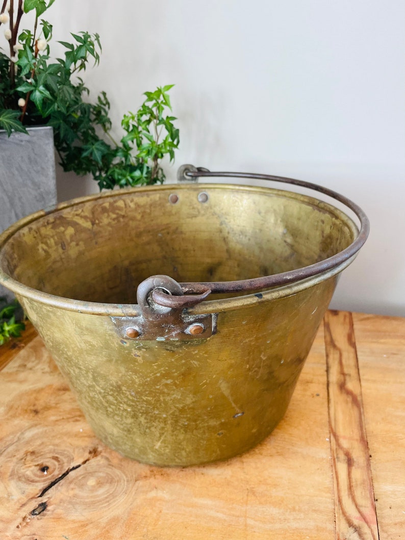 Antique Rustic Brass Pot with handle, Brass Planter, Large Brass handled Cauldron, Forged Handle Brass Pail, Farmhouse, Hearth image 3