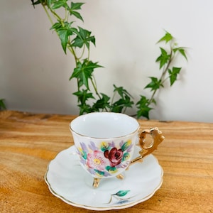 Vintage Floral Pattern Gold Rim Footed Demi Cup and Saucer,  Made in Occupied Japan