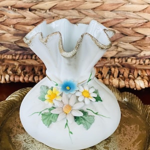 Bisque Porcelain Vase 4&quot;, Cinched Sack with Delicate Raised Flowers, Hand Painted