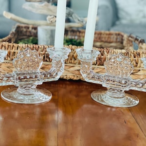 Pair of Fostoria Twin Clear Glass Double Candle Holders, Candlesticks, Pattern #2056
