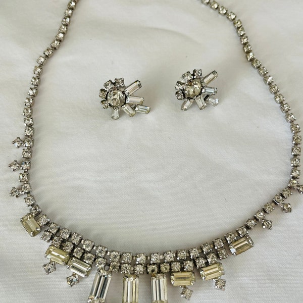 Vintage 1960's Rhinestone Necklace and Earrings, Jewelry Set,  Hollywood Bling