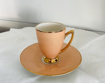 Vintage Peach and Gold Porcelain Demitasse cup and Saucer, Teacup, Hallmarked