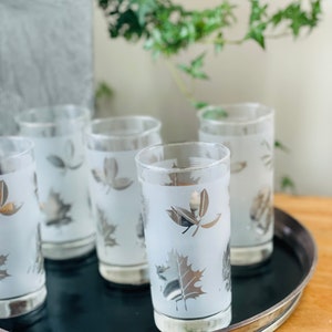 Set of 5 Mid Century Silver Leaf Libbey Foliage Tall Cocktail Glasses, Frosted Tom Collins
