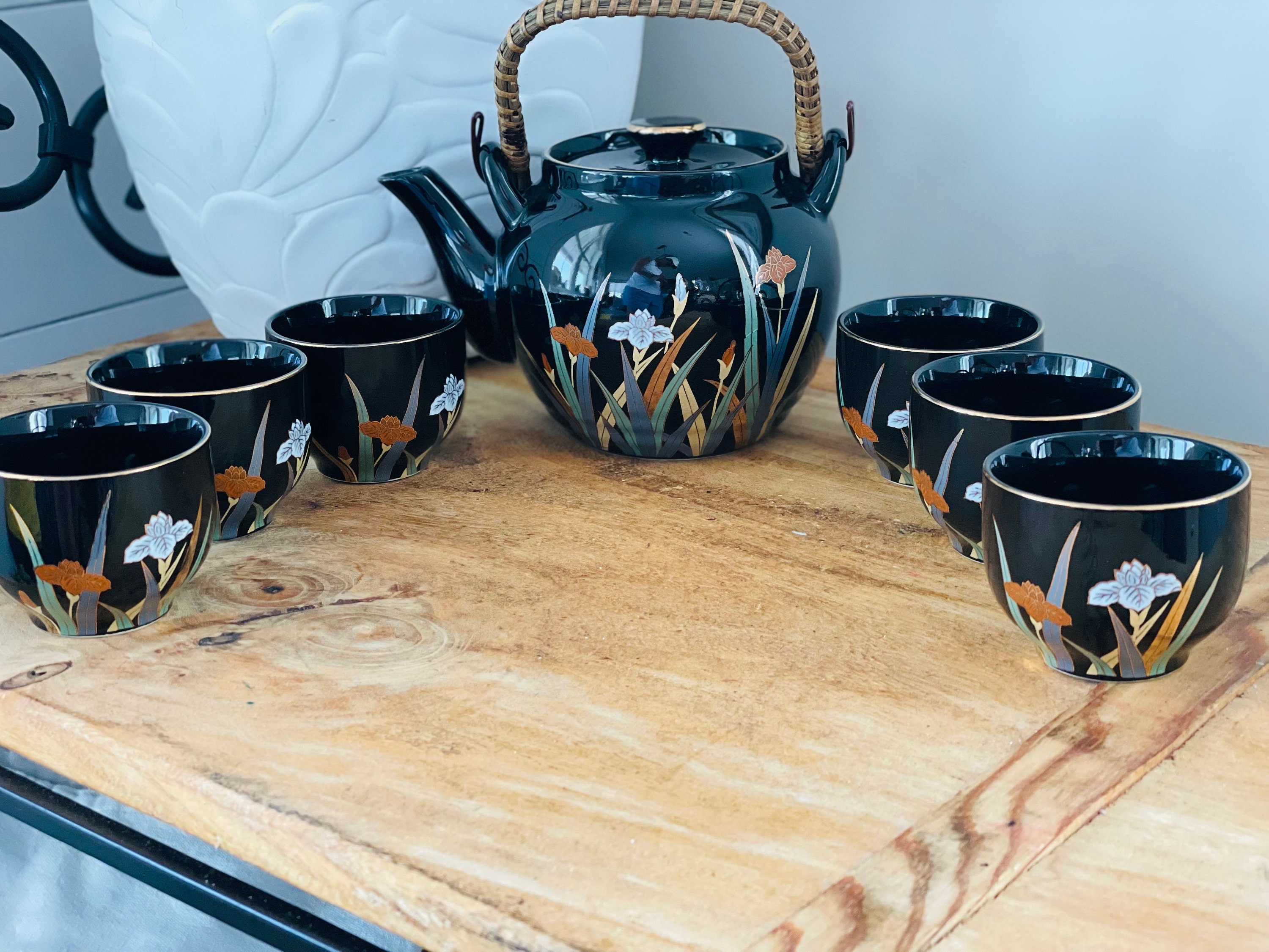 Vintage Otagiri Teapot and Cups, Tea Set, Black Iris, Hand Painted, Gold Trim, Porcelain Teapot, Japanese Florals, Rattan Handle - Etsy Vintage Otagiri Teapot and Cups, Tea Set, Black Iris, Hand Painted, Gold Trim, Porcelain Teapot, Japanese Florals, Rattan Handle - Etsy