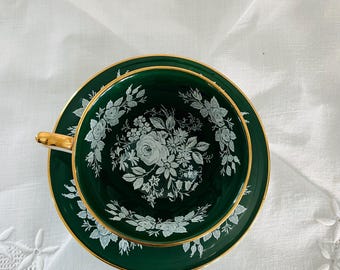 Vintage Aynsely Bone China Teacup and Saucer, Forest Green Glaze and White Roses Pattern 2448, Made in England
