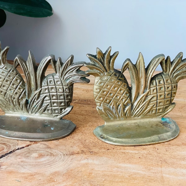 Pair of Vintage Solid Brass Pineapple Bookends, Hospitality Pineapple, Boho
