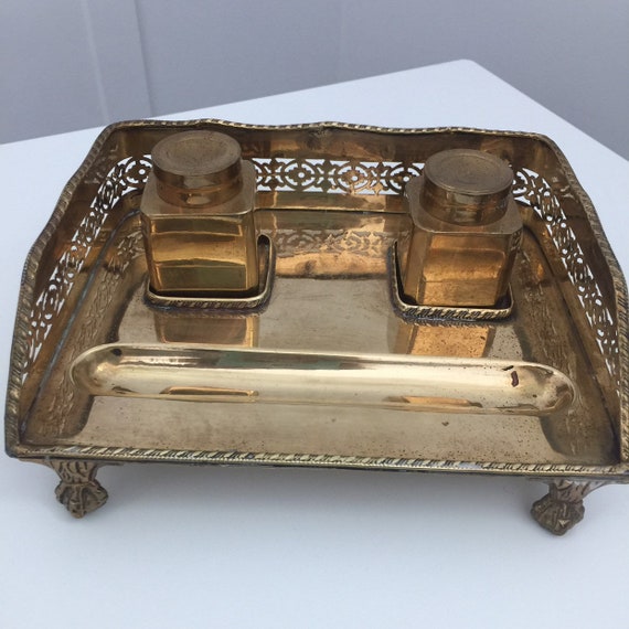 Mottahedeh Brass Inkwell & Pen Tray, Footed Brass Inkwell -  Hong Kong