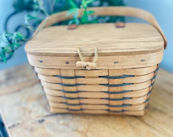 Longaberger Handwoven Basket Purse, Natural with Black Accents, Wood Handle, Leather trim, 1992