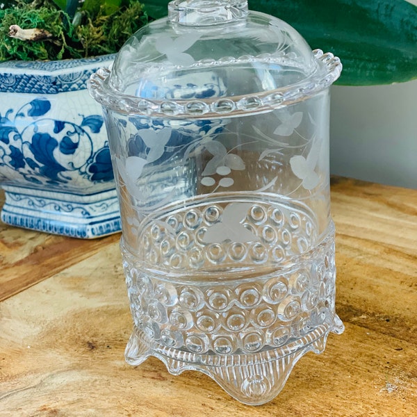 Vintage EAPGS Pattern Wyandotte, Early American Clear Footed Glass Etched Candy Dish, Pickle Jar