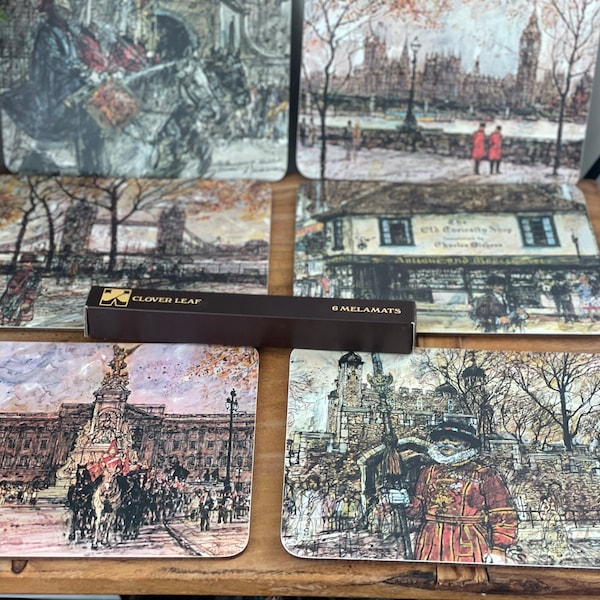 Set of 6 Vintage Table Mats by Cloverleaf- featuring London Scenes,  Melamine Lunch Mats, Made in England, In Box