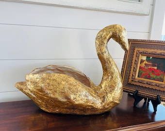Large Mid Century Paper Mache Gilded Swan Bowl, Centerpiece, Planter