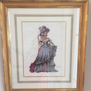 Vintage Framed 19&quot;by 16&quot; needlepoint, Victorian Lady Needlepoint