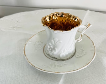 Vintage White Porcelain Espresso Demitasse cup and Saucer, Delicate Cup, Raised Embossed Floral, Gilded Interior