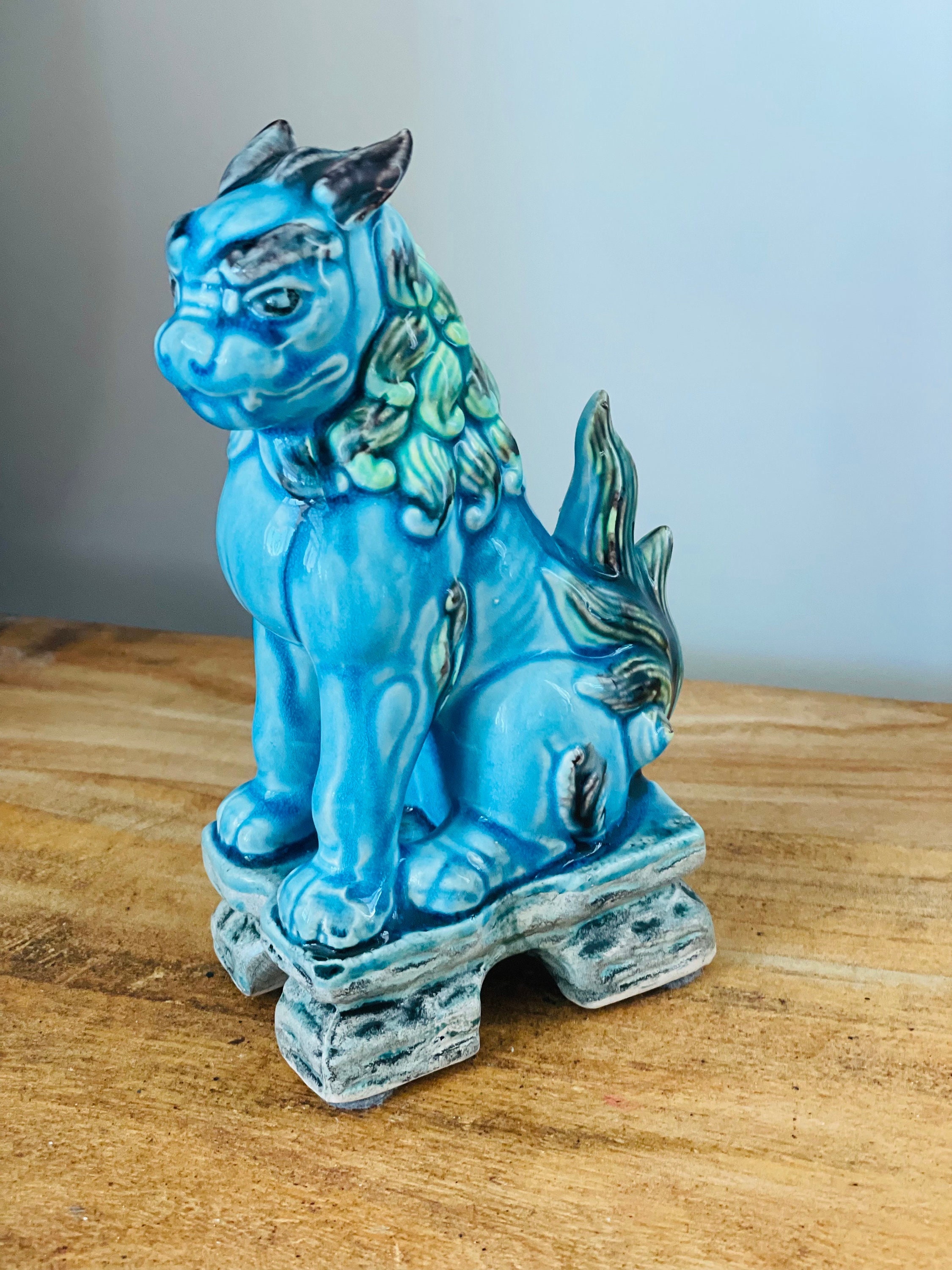 Vintage Blue and Green Ceramic Foo Dog Figure, Made in Japan