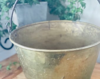 Antique Rustic Brass Pot with handle, Brass Planter, Large Brass handled Cauldron, Forged Handle Brass Pail, Farmhouse, Hearth