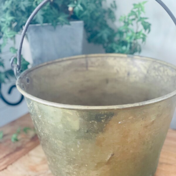 Antique Rustic Brass Pot with handle, Brass Planter, Large Brass handled Cauldron, Forged Handle Brass Pail, Farmhouse, Hearth