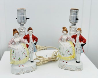 Pair of Vintage Porcelain Table Lamps, Minuet, Victorian, Lady and Gentleman