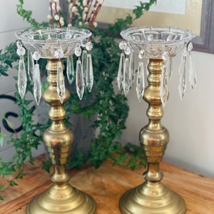 Pair of Vintage Solid Cast Brass Candlesticks with Crystal Bobeche  Heavy Candle Holders, Crystals