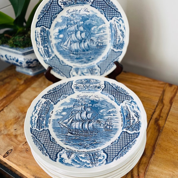 Alfred Meakin Fair Winds Blue and White Ironstone Dinner Plate, The Friendship of Salem, Made in England