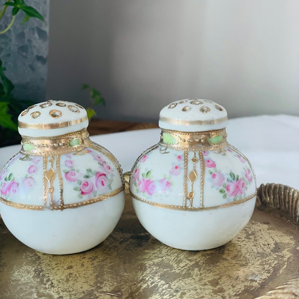 Pair of Vintage Porcelain Moriage Salt and Pepper Shakers, Pink and Gold Flower Overlay