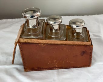 Vintage Travel Vanity - Perfume Bottle Set in Leather Case, Art Deco Glass Bottles with Silver Lids