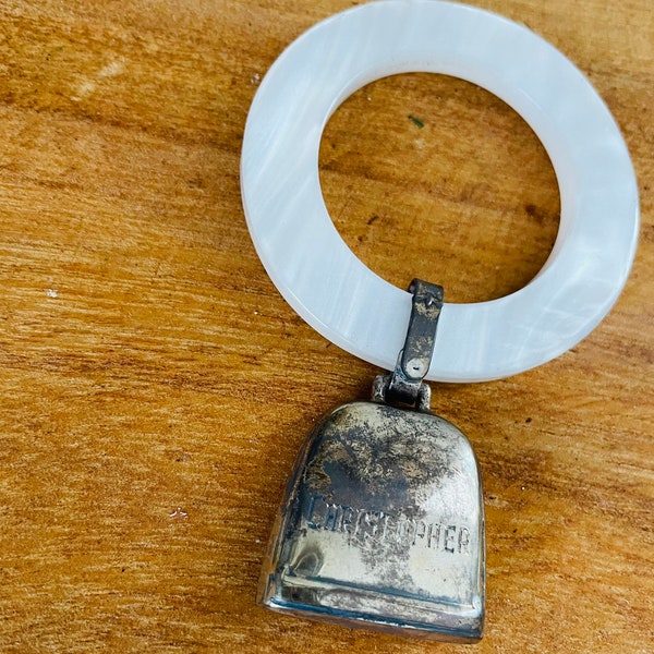 Vintage Silver and Mother of Pearl Teething Ring, Rattle, Birth Record, Has engraving