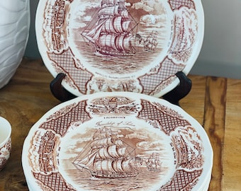 Fair Winds Alfred Meakin Staffordshire England, Historical Scenes, Brown Transferware, Dinner Plates (price per plate)