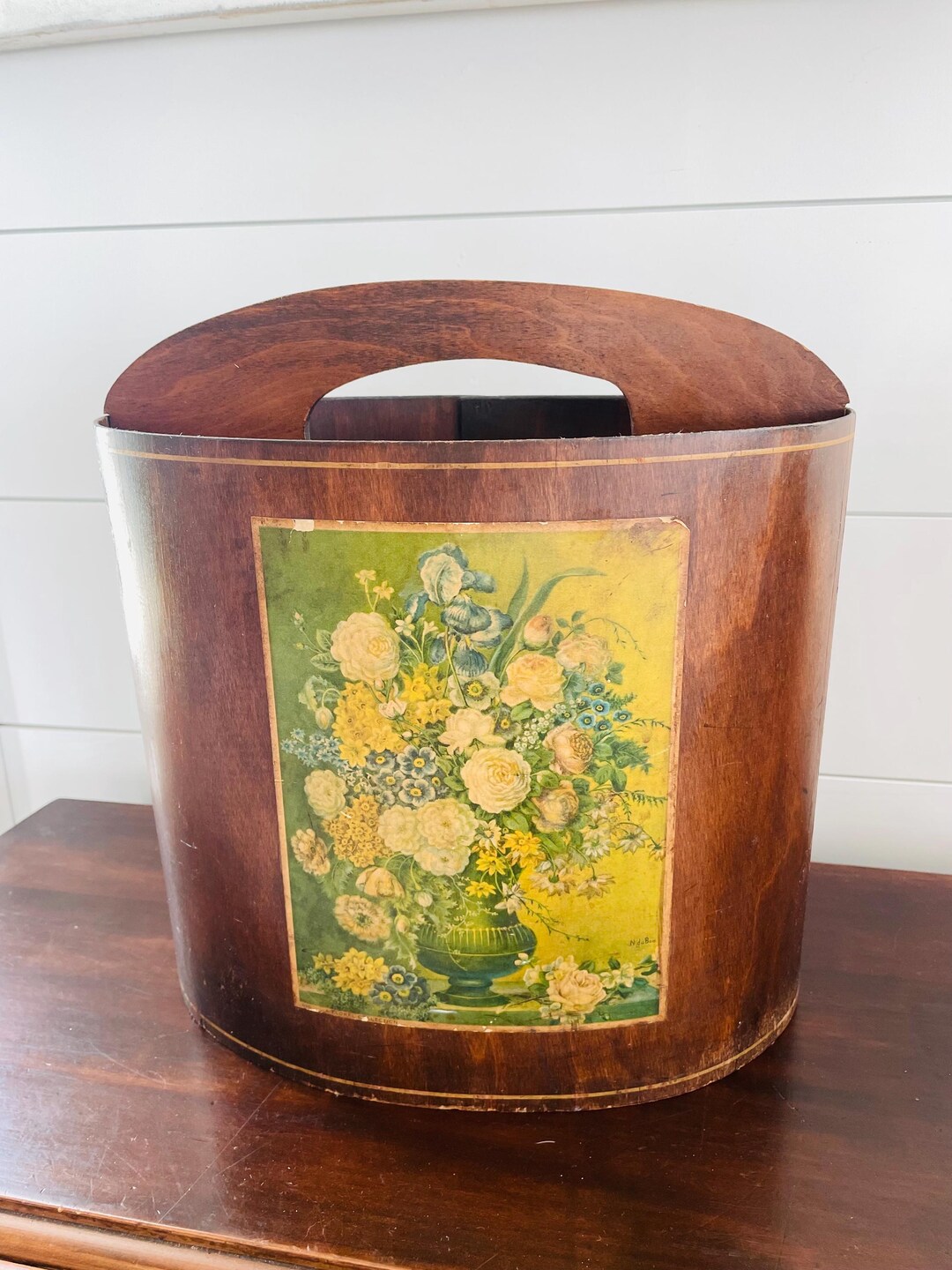 Bent Wood Oval Waste Container With Handle, 1940's Floral Lithograph - Etsy