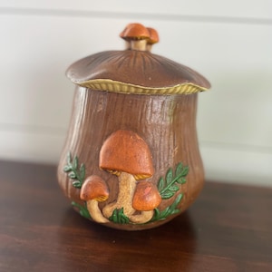 1970er Jahre Keramik-Pilz-Keksdose, Kanister, Retro-Aufbewahrung, braun und orange (siehe Anmerkungen und Fotos)