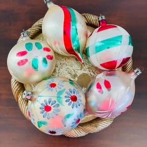 5 Vintage Mercury Glass Hand Painted Ornaments, Made in Poland, 2 Tear Drop, 1 large floral, 2 round