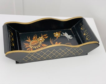 Black Lacquer wood Tray with Tole Floral Painting and Gilded Gold Trim