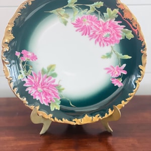 Antique Hand Painted T&V Limoges Plate, Hallmarked and Artist Signed &quot;Laurent&quot; on the Front Leaf, Green, Pink and Gilding