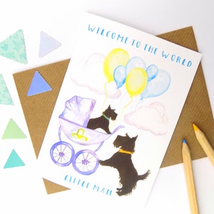 Nouvelle carte, chien mignon stationnaire, de garçon de bébé nouveau cadeau de bébé