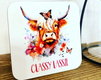 Highland Cow Coaster Classy Lassie Scottish Highland Coo Print Coaster