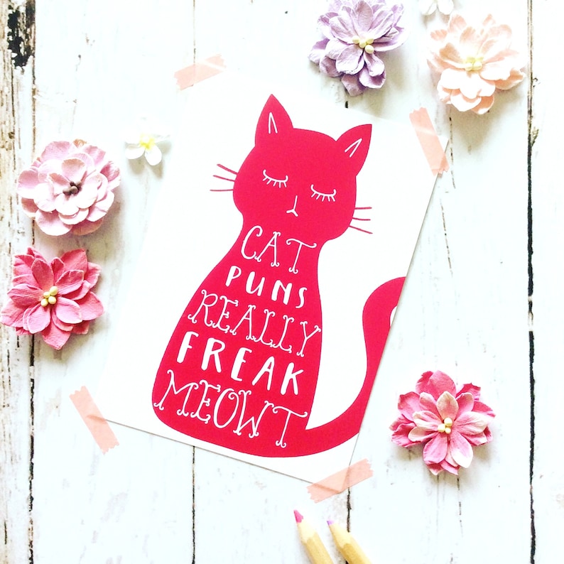 Cat Print Postcard, Funny Cat Pun Stationary image 1
