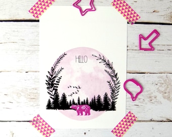 Bear Print Postcard, Cute Quote Postcards, Woodland Forest Stationary