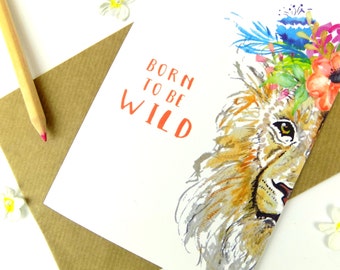 Lion Print Card, Beautiful Watercolour Boho Floral Lion Blank Greeting Card