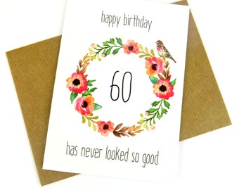 60th Birthday Card For Her, Pretty Floral Birthday Card