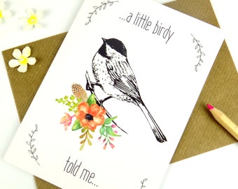 Bird Print Card, Just Because Card, Floral Print, Blank Greeting Card