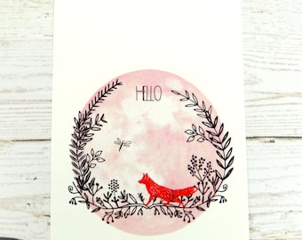 Fox Print Postcard, Hello Cute Fox Stationary Postcard