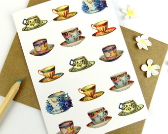 Vintage Teacups Print Card, Greeting Card Blank Beautiful Vintage Teacups