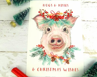 Pig Print Christmas Postcard, Cute, Funny, Pig Lover, Pig Art Print, Funny Postcards, Christmas Postcards