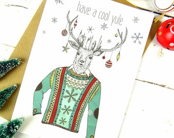 Stag Print Christmas Card, Cute, Hipster, Stag Art, Cool Yule, Christmas Cards