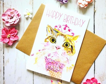 Funny Cat Birthday card, Cute Cat Ice Cream Print Birthday Card