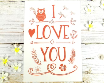 Ich liebe dich Postkarte, süße Eule Herz Doodle Postkarte
