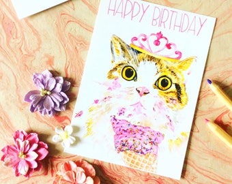 Happy Birthday Postcard, Cat Print Postcard