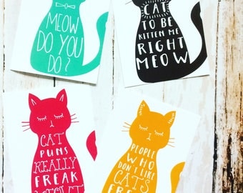 Cat Postcard Set, Cute Funny Cat Pun Postcards Set of 4