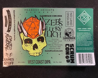 Zeb's Lucky Lich DIPA Beer Label - rare and unused from GameFace Con - Zeb Cook D&D DND 2e Plainscape Dark Sun Goodman Games Exalted Funeral