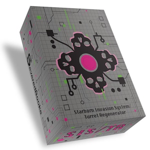 May include: A gray box with a pink and black skull design. The box has the text "Starborn Invasion System/Turret Regenerator" and "Severed Books" on it.