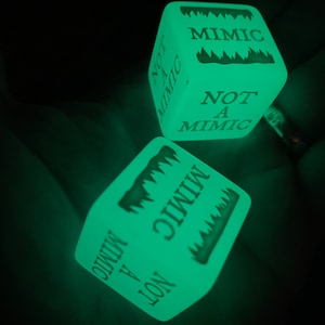 Two (2) Glow in the Dark Not a Mimic / Mimic Dice! 1&quot; Dungeons and Dragons, Pathfinder  Dungeon Master, DM, RPG